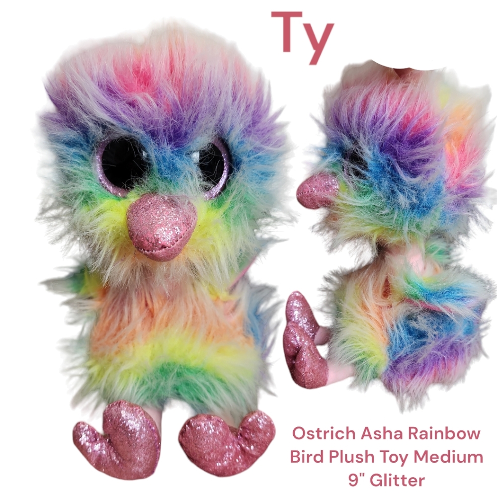 Ty boo Ostrich Asha Rainbow Bird Plush Toy Medium 9 Inch Glitter Stuffie toy
